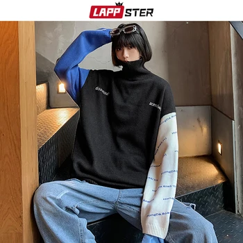 LAPPSTER Men корейски лоскутный пуловер с висока воротом 2020 зимен пуловер двойка пуловер градинска облекло хип хоп пуловер Дамски дрехи