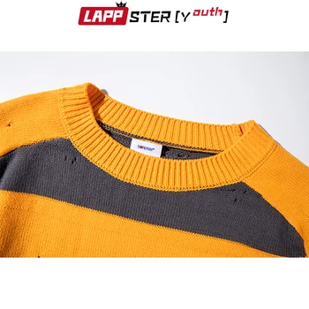LAPPSTER-младите мъже корейски ивица зимен пуловер 2020 човек Harajuku мозайка пуловер градинска пуловери жълто големи дрехи
