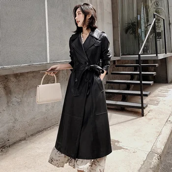 Lautaro дълъг черен кожен тренчкот за жени с дълъг ръкав колан двубортный британски стил мека изкуствена кожа палто жени