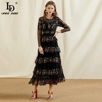 LD LINDA DELLA есен моден дизайнер черна рокля жени с дълъг ръкав пристрастие окото дантела на флорални бродерии елегантни рокли партия