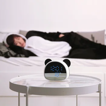 LED panda multi function alarm clock cartoon night light детско гласово управление спалня будилник