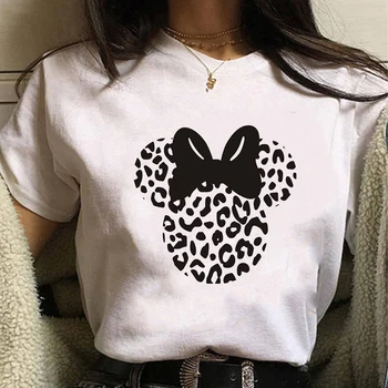 Leopard Minnie Mouse Head Жени Тениска Забавен Майк Жени Печатни Camiseta Mujer С Къс Ръкав Тениска Lady Йонг Момиче Топ Tee