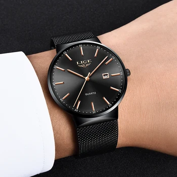 LIGE Мъжки Fashion Watches Top Brand Luxury Quartz Watch Casual Men Slim Mesh Steel Waterproof Sport Clock Black Dress Watch 2019