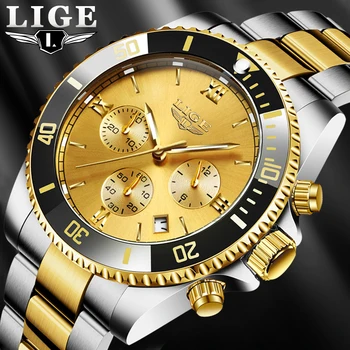 LIGE мъжки часовници бизнес водоустойчив дата часовници мода многофункционален неръждаема стомана Златен кварцов часовник Relogio Masculino+кутия