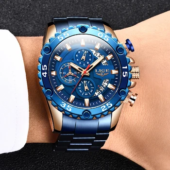 LIGE нови спортни часовници мъжки самолет показалеца светещи кварцов часовник водоустойчив 30 м синьо пълен стоманена военен ръчен часовник с кутия