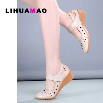 LIHUAMAO Mary Jane клинове дамски обувки на висок ток с каишка на щиколотке през цялата чорап дишащи и удобни женски танцови обувки