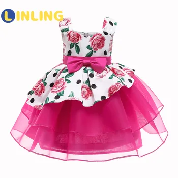 LINLING Sweet Summer Dress Принцеса Момиче Costume Rose Print Mesh ayered Dress Kids Сладко Banquet Party Summer Clothes Dress V225