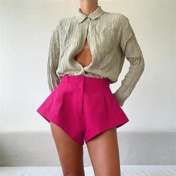 LLYGE лято Flare секси къси панталони за жени на твърди Висока Талия ежедневни плаж горещи къси панталони, жените 2021 мода градинска Дамски дрехи