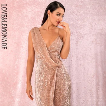 LOVE&LEMONADE Sexy rose gold дълбоко V-образно деколте Whit Split Sequins Party Maxi Dress LM81849