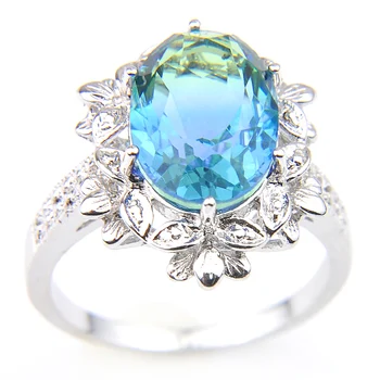 Luckyshine сребро 925 за жени цветни пръстени с овална форма Bi цветни турмалин скъпоценни камъни декоративни границата форма на листа нова