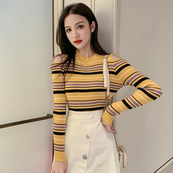 Lucyever мода шарени женски пуловер пуловер Есен Зима Секси выдалбливают О-образно деколте плета топ корейски момиче с дълъг ръкав блуза
