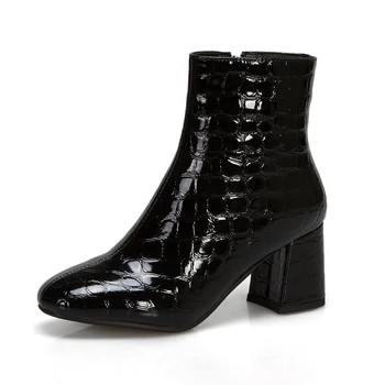 Lucyever черни, сребристи лакирани, кожени ботильоны за Жени Есен-Зима на мода дебелите високи токчета къси ботуши Дамски обувки с цип