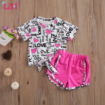 LZH 2021 Summer Love Letter Printing Baby Момичета Костюми ежедневни панталони с къс ръкав 2 елемента комплекти за деца памук детски спортни дрехи