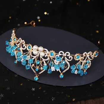 Mamojko барок royal crown цветни синьо Мънисто планински кристал, камък сватба диадема за жени костюм сватбени аксесоари за коса
