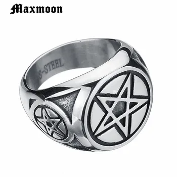 Maxmoon звездата на Давид печат пръстени за мъже от неръждаема стомана еврейския Израел мъжки Vintage rock колоездач пръстен в сребрист цвят, тон