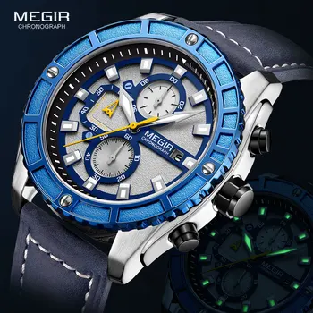 MEGIR мъжки ежедневни Кожена каишка, кварцов часовник мода 2021 хронограф часовник за мъже военен Спорт Luminouss ръчен часовник Reloj