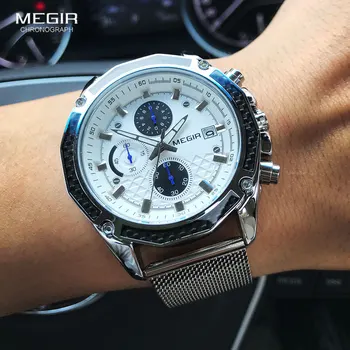 MEGIR мъжки часовник 2020 луксозни модни хронограф кварцов часовник за мъже мрежест каишка от ежедневните армейските спортни водоустойчив ръчен часовник