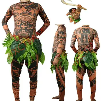 Meihuida Moana Maui Tattoo T Shirt/Pants Хелоуин Adult Мъжки Women Cosplay Costumes with Leaves Decor Blattern Хелоуин