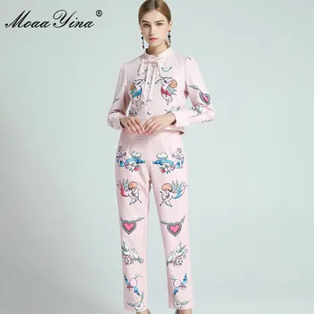 MoaaYina Fashion Designer Set пролет есен жена с дълъг ръкав Купидон романтичната любов яке печат потник+панталон комплект от две части