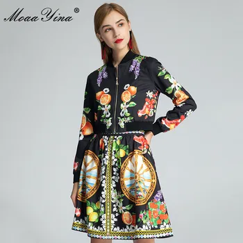 MoaaYina моден дизайнер набор от есента жени с дълъг ръкав, якета върховете+Сицилия лимон Фуирт пола цветен принт от две части комплекти