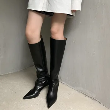 MORAZORA 2020 нова марка ботуши дамски зимни ботуши от естествена кожа модни шипове високи токчета остър чорап ботуши до коляното