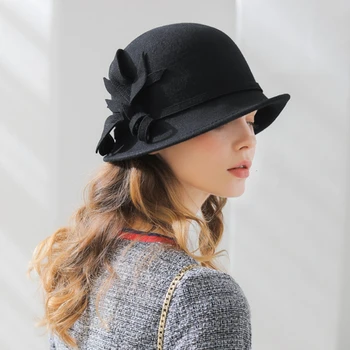 Mother Gift 2019 Lady Winter Luxury Flower Дамска Шапка Клош Hats Woman Party Formal Wool Felt Hat Fedora