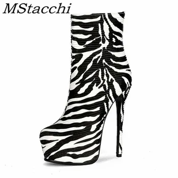 Mstacchi Zebra Pattern Страничен Цип Голям Размер 35-45 Дамски Къси Ботуши На Платформа Шило Новост Мода Мадам Обувки Botas De Mujer
