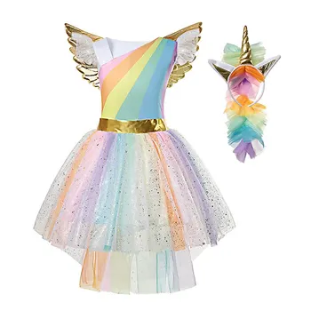 MUABABY Момиче Unicorn Dress Up Kids Summer Rainbow Пайета Party Tutu Girls Dress Pageant тюл костюм с лента за глава крило