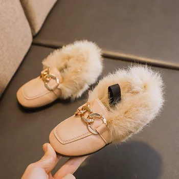 Mumoresip нова Есен Зима момичета памучен обувки топла пухкава кожа бебешки мокасини с метална верига момчета апартамент детски мокасини 21-30