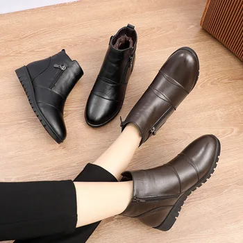 MUYANG 2020 Модни ботильоны Дамски обувки от естествена кожа върху плоска подметка зимни обувки Дамски топло нескользящая черен кафяв Дамски обувки