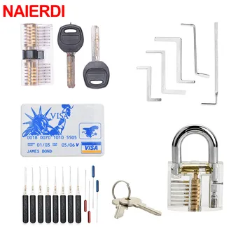 NAIERDI Locksmith Tools Lock Pick Set Broken Key Extractor with Transparent Locks Practice Combination Padlock For Training