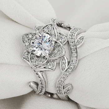 Newshe 2 бр сватбени пръстени комплект за жени Роза цветен дизайн 2.3 Ct AAA Цирконы годежен пръстен Модни бижута размер 9-10