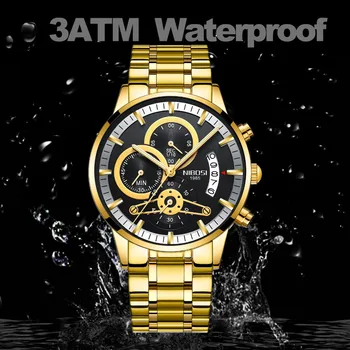 NIBOSI златни часовници мъжки хронограф от неръждаема стомана, кварцов мъжки часовник Analgue ръчен часовник водоустойчив дата светлинен Relogio Masculino