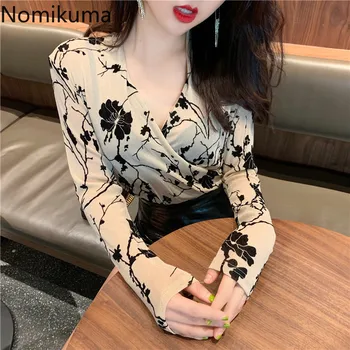 Nomikuma V образно деколте с дълъг ръкав стари тениски цветен принт Slilm елегантен темперамент тениска жени корейски ретро мода върховете 3a482