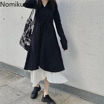 Nomikuma блуза, екипи комплект от две части жените V образно деколте, тънка талия-черна рокля спагети лента бели рокли 2 броя комплекти 3c805