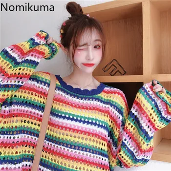 Nomikuma Дъга шарени пуловери O врата с дълъг ръкав выдалбливают ежедневни скок на корейската мода тънък пуловер жени 3b833