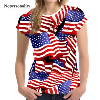 Nopersonality многоцветен американския флаг печат лятото с къс ръкав за жени със стилен женски дами тениска новост ликра върховете XL Tee