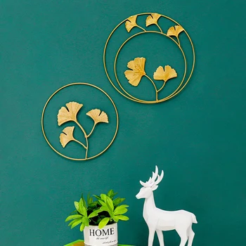 Nordic Light Luxury Metal Wall Hanging Ornament Gold Picture Frame Гинко Leaf Background Iron Wall Decoration Room Home Decor