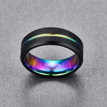 Nuncad 8 мм широка черно матирано покритие цветни надлъжни волфрам, стоманени пръстени годишнина подарък волфрам пръстени за мъже бижута T084R