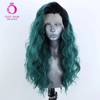 OLEY Glueless синтетични перука дантела отпред дълбока вълна от зелена перука огнеупорни Freepart дълъг Ombre перуки за cosplay черни жени