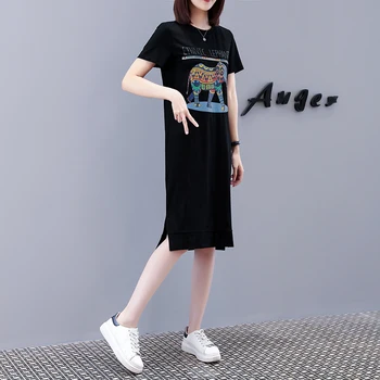 Oneimirry Summer Elephant Printed Women Plus Size Black Dress Short Sleeve Casual Pullover Dresses Womens Cotton Korean Clothes