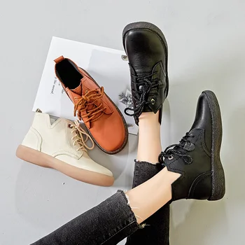 PEIPAH пролет/есен Дамски обувки от естествена кожа, Дамски ботильоны Дамски обувки на плоска подметка с платформа, обувки с дантела причинители Botas Mujer