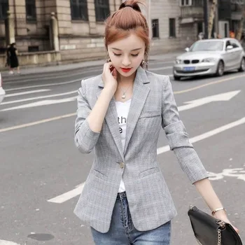 PEONFLY Vintage Single Button Office Ladies Plaid Blazer Casual корейски стил палто с дълъг ръкав яке дамски блейзери Женски