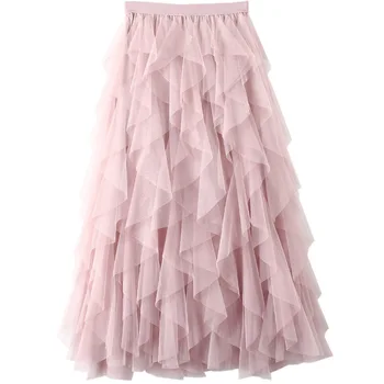 PEONFLY красива опаковка тюлевая пола, дамски корейската мода Висока Талия Плиссированная пола, дамски сладка дълга пола макси