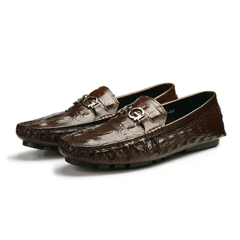 Phenkang Men Leather Summer Alligator Texture Slip-On Ежедневни обувки, мъжки маратонки, мокасини мъжки кафе мъжки мокасини обувки за шофиране