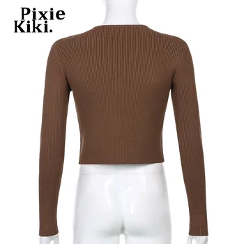 PixieKiki Y2k кафяв съкратен жилетка с дълъг ръкав вязаный пуловер с V-образно деколте ретро фланелка дамска мода топ Пролет 2021 P67-CH34