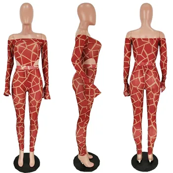 Print Секси 2 Piece Outfits for Women Mesh Чисто Слаш Neck Bodysuit Top and Pants Leggings Party Club Two Piece Matching Sets