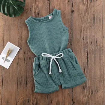 Pudcoco US Stock 0-4T Toddler Baby Girl Clothes Set памук твърди блузи без ръкави с копчета къси панталони за лятото комплект дрехи
