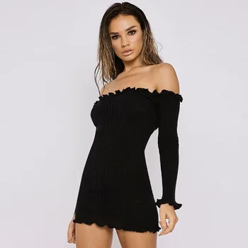 QUEVOON Fashion Women Off Shoulder Dresses Solid Butterfly Sleeve Mini Dress Ruched Knitwear Bodycon Dresses Ladies Streetwear