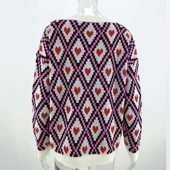 QUEVOON големи жени пуловер Argyle сърцето печат възли жилетки женски един Breastesd V-образно деколте пот зимна мода топ